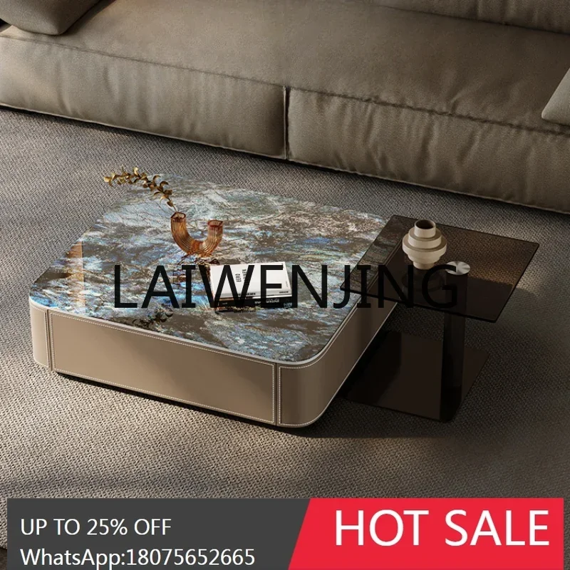 Italian Minimalist Saddle Leather Stone Plate Cave Stone Side Table Combination Living Room Home Simple Square Coffee Table