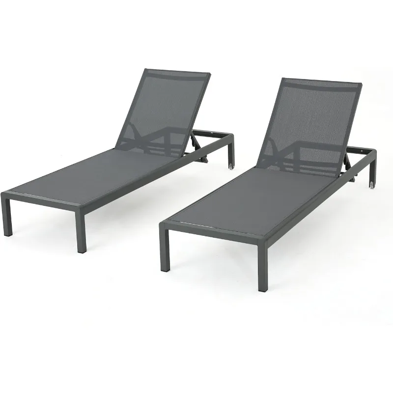 Christopher Knight Home Cape Coral Outdoor Aluminum Chaise Lounges with Mesh Seat, 2-Pcs Set, Grey / Dark Grey