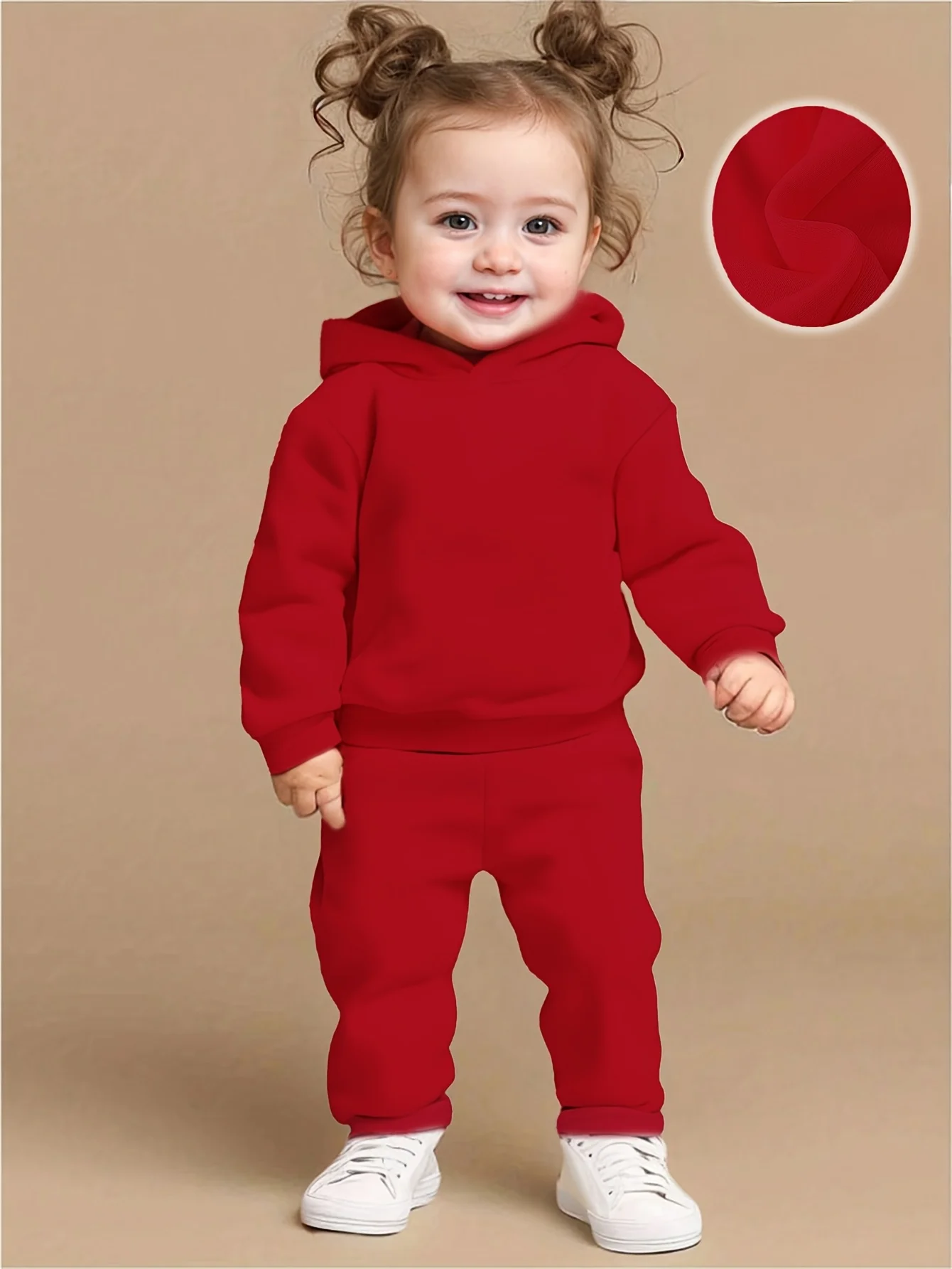 Fashionable Comfortable Red Solid Color Long Sleeve Fleece Hoodie for Baby Girls Boys Autumn Winter Sporty Loose Pants Set