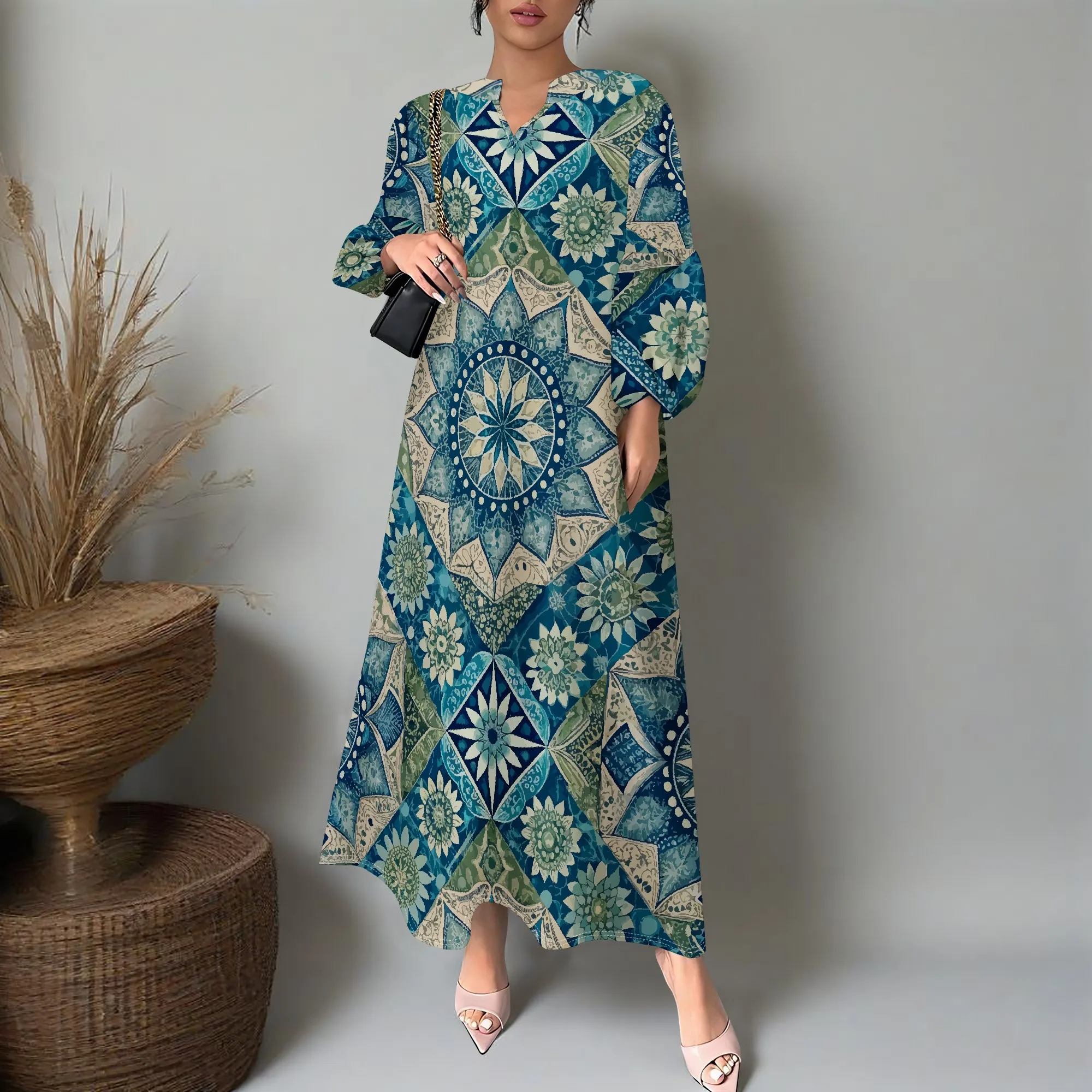 

Boho Maxi Dress Women's Mandala Print XS-3XL V-Neck Loose Fit Elegant Party Dress