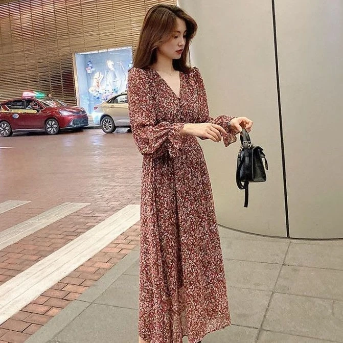 Women Vintage Floral Print Chiffon Midi Dress Long Sleeve Elegant Slim Fit Boho Long Dress 2026 New