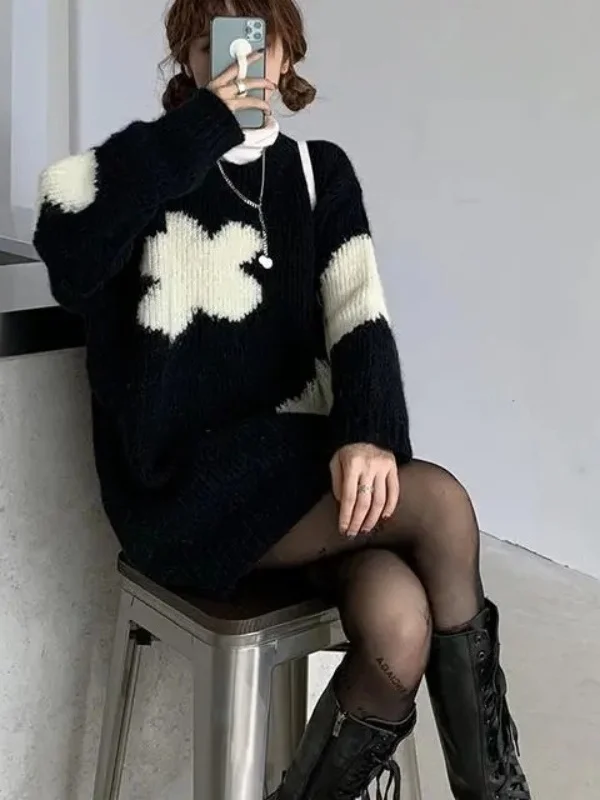 루즈핏 캐주얼 니트 스웨터 여성용 가을 겨울 따뜻한 보온 롱 스웨터 라운드 넥 탑 패셔너블 클라우드 플라워 패턴