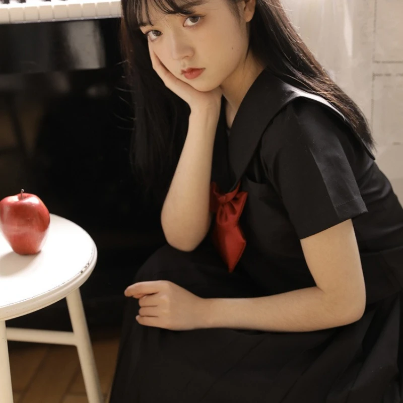 New Premium Japanese Sailor Uniform Long Sleeve Midriff Top Basic JK Skirt Suit Classic College Style Comfortable for School