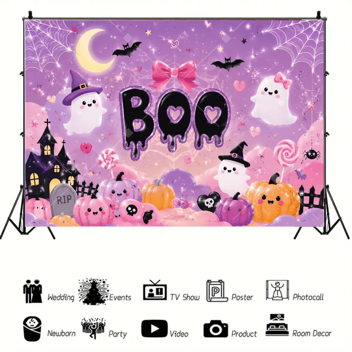 A Little Boo Is Almost Due Cute Ghost Pumpkin Bat Witch Castle Photo Background Halloween Theme Newborn Baby Party Wall Decor 5