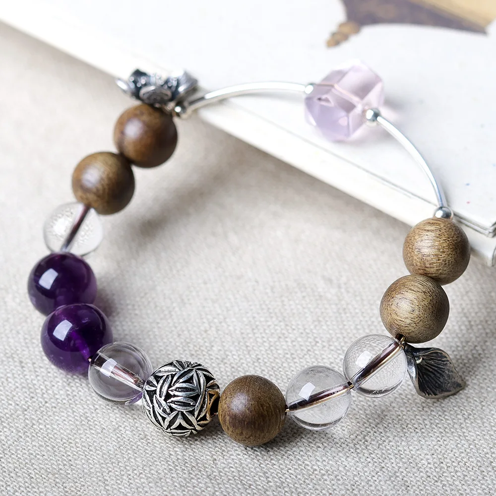 

Baiqinan agarwood paired with white crystal and amethyst bracelet, original wooden belt, Baowen play, Chinese style bracelet