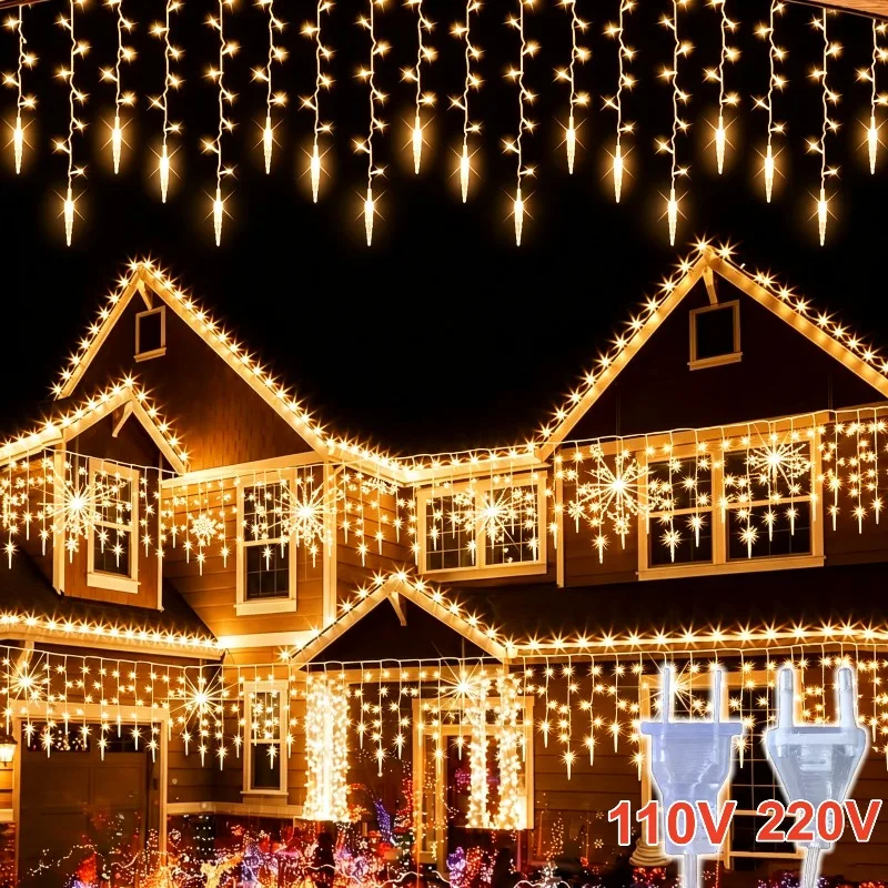 3.1M Icicle Cone Fairy Lights 220V EU/110V US Plug Warm White Multicolor Xmas Eaves Outdoor Patio Holiday Decor Lighting