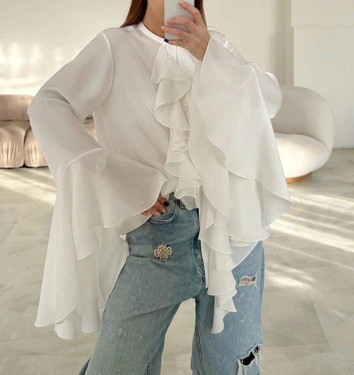 Fashion Woman Blouse 2024 Spring Ruffle Design Round Neck Flared Sleeves Solid Color Casual Long Sleeves Daily Chiffon Shirt