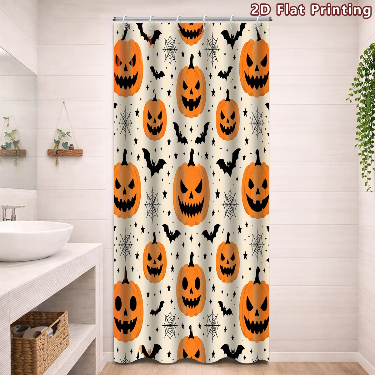 2D Flat, 1pc 2D Flat Halloween Jack O Lantern Bat Spider Web Shower Curtain, Bathroom Decor, Multi-Size Options(31.5x70.87inch,