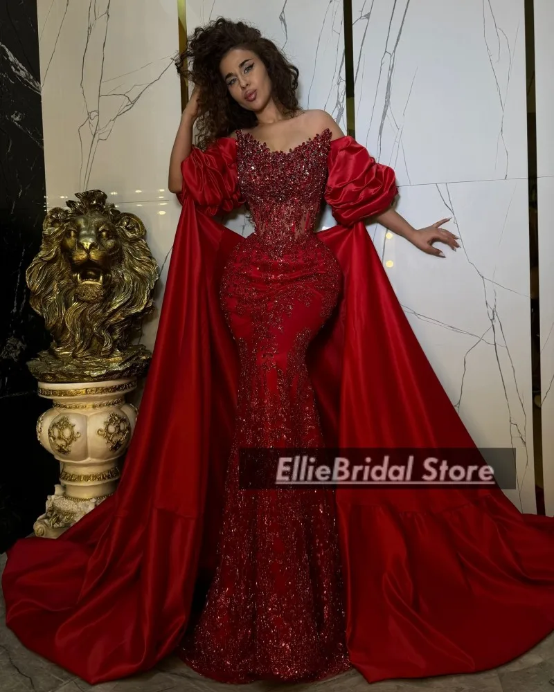 فساتين سهرة رسمية في دبي كريستال مطرز بالخرز من الساتان متواضعة ترتر حورية البحر فستان حفلات الزفاف فساتين الخطوبة حسب الطلب