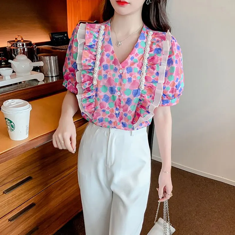 Fashion Pockets Spliced Elegant V-Neck Printed Shirt Female Clothing Chic Pearl Embroidered Flares Summer Single-breasted Blouse