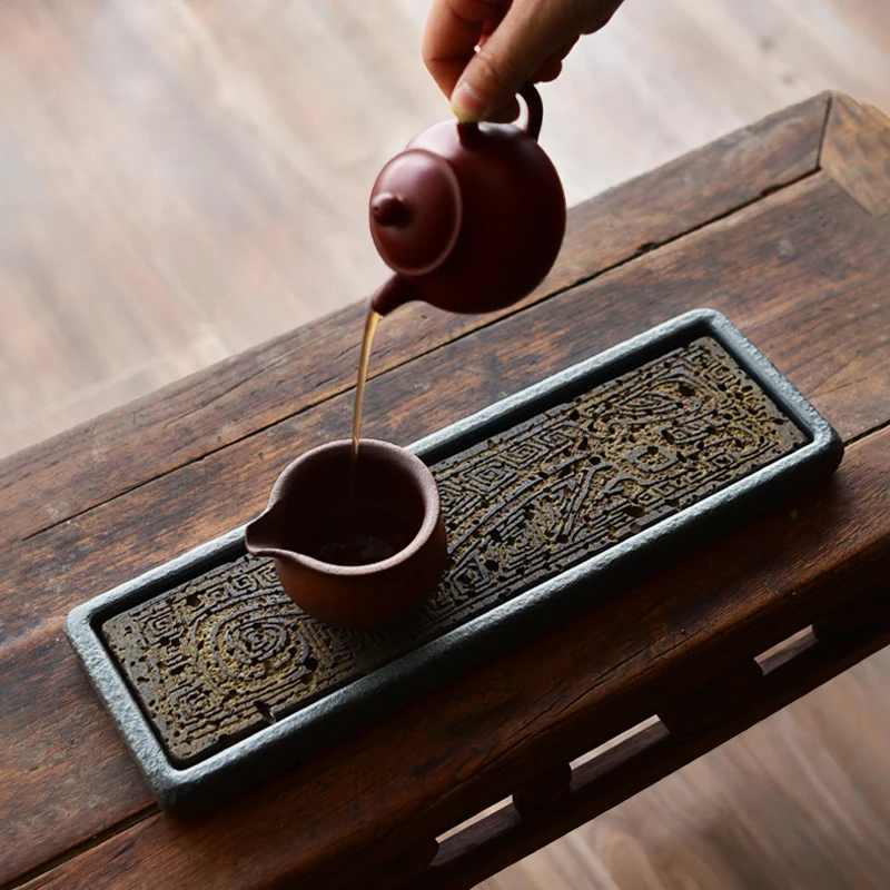 Natural Stone Tea Tray Volcanic Basalt Handcarved Dragon Totem Kung Fu Tea Ceremony Home Office Decor Tea Lover Gift 38x12cm