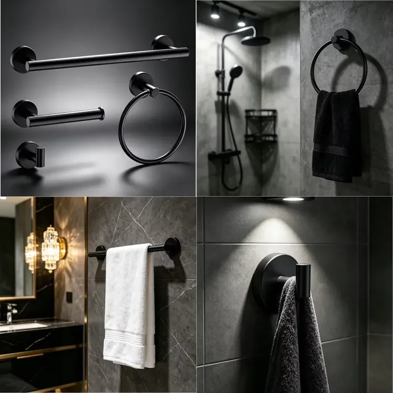 Matte Black Stainless Steel Bathroom Accessories Set Wall Mounted Hardware Shelf Storage for Family Bath