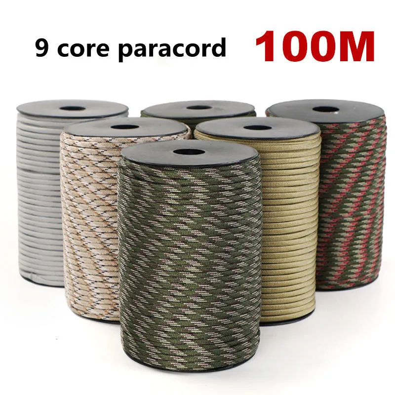 100/50M 550 Militärstandard 9-adriges Paracord-Seil 4mm Outdoor-Fallschirmschnur Überlebens-Regenschirm-Zelt-Lanyard Gurtband Wäscheleine