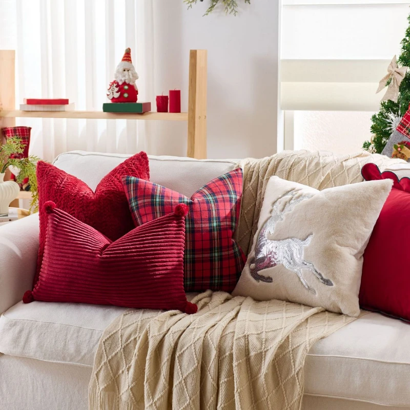 

Red Christmas Cushion Cover Silver Glitter Embroidery Deer Pillow Case for Sofa Bed Decor Festive Home Throw Pillow Cover