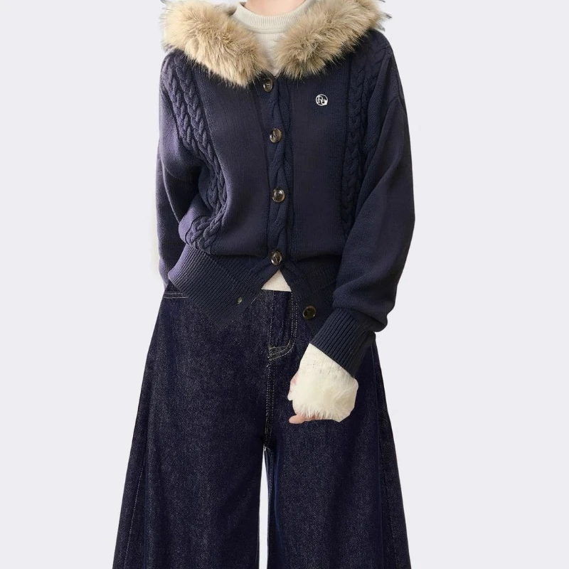 

Hooded Fur Collar Sweater Jacket, Autumn and Winter Short Cardigan, Knitted Sweatshirt, Small Top