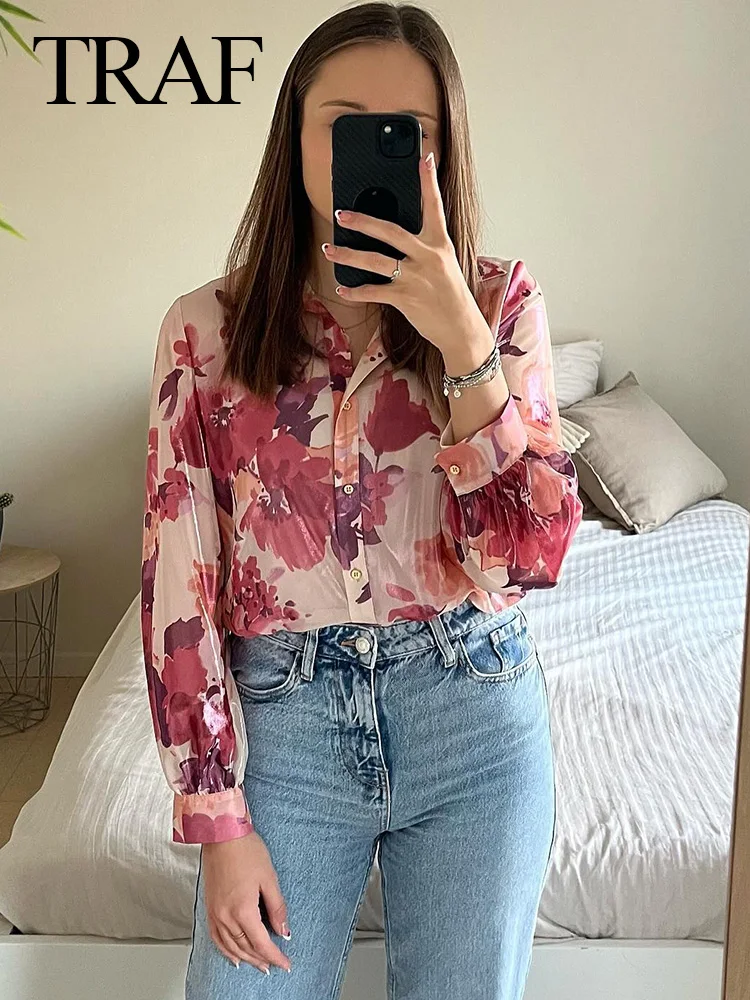 TRAF 2024 Spring Women Pink Print Short Sleeve Casual Blouses Women Button up Shirt+ A-Line Pleated Skirt Set For Beach Style