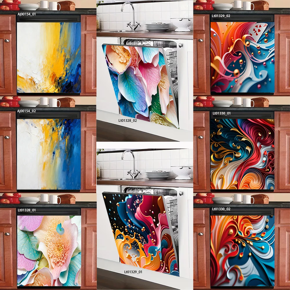 Funda para lavavajillas con diseño de arte abstracto, diseño floral y fluido colorido, decoración impermeable y extraíble para electrodomésticos de cocina