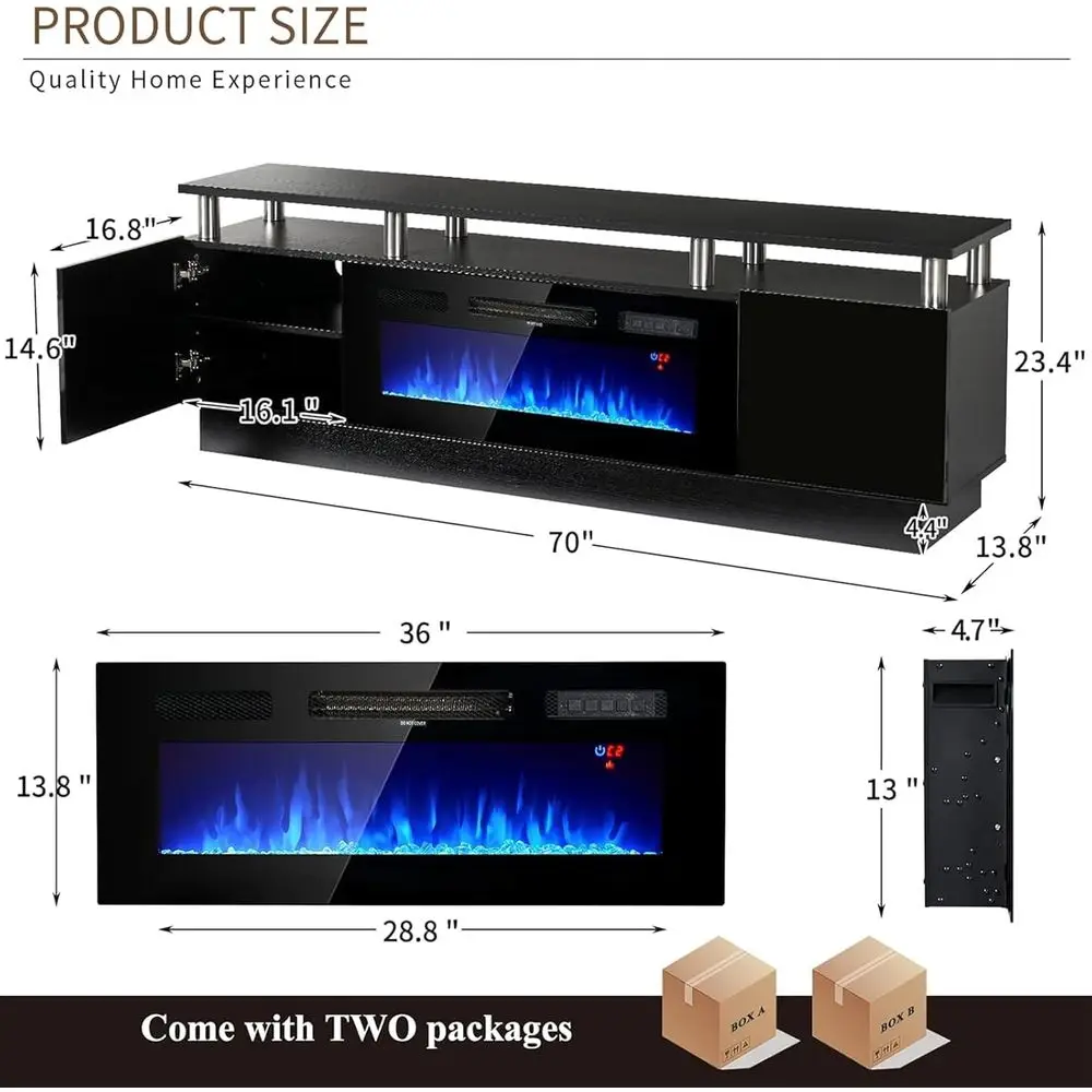 Electric Fireplace TV Stand for 36-90 TVs with LED Light Entertainment Center, Black, 80