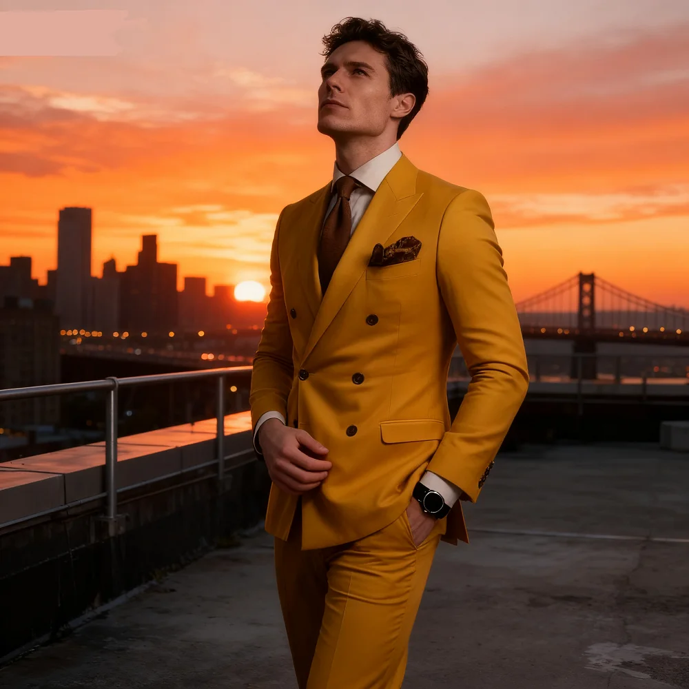 Jas Tuxedo Pria untuk Pernikahan, Formal, Oranye Berkilau, Model 2-Piece dengan Kancing Logam, Cocok untuk Kerja dan Sehari-hari