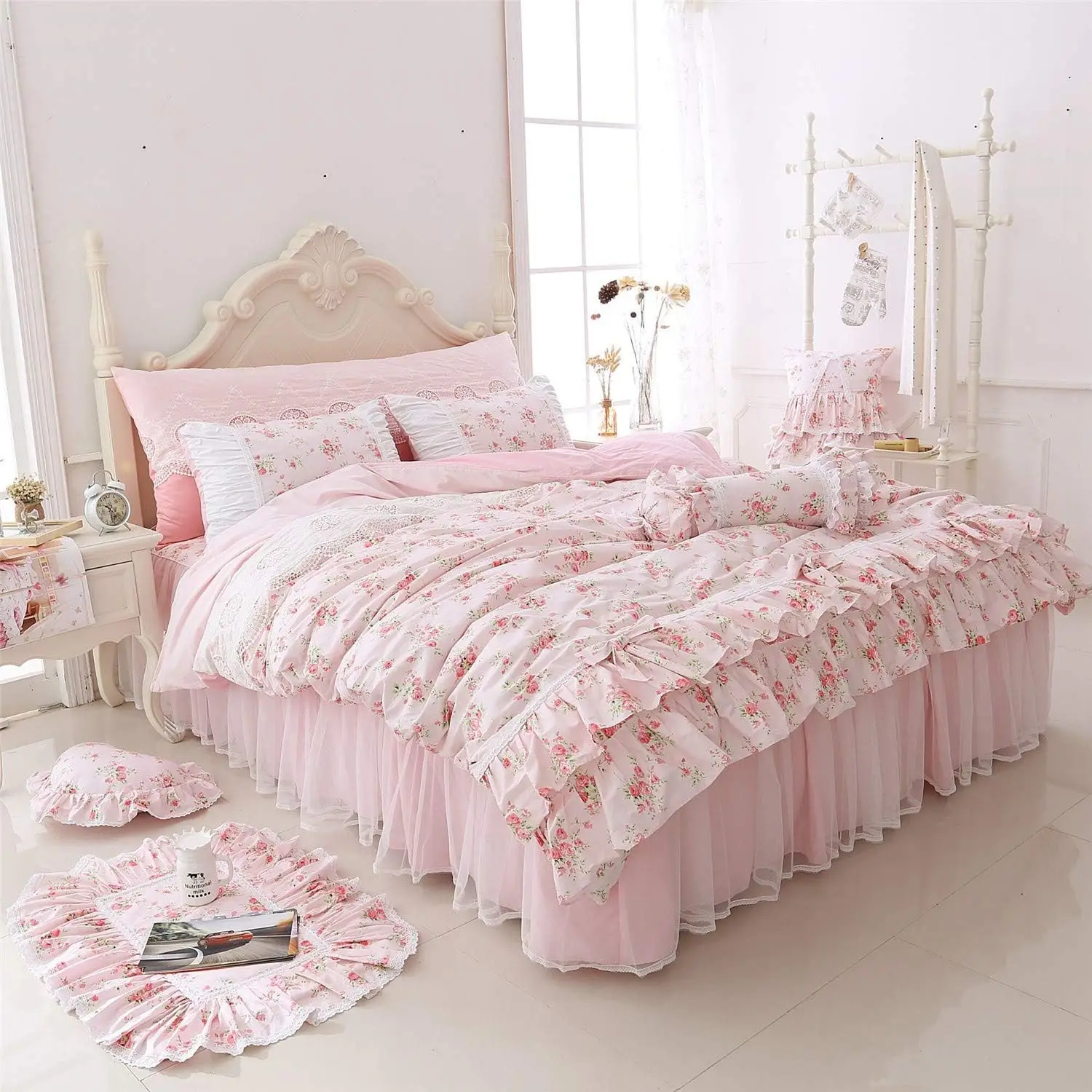 Romantic Roses Print Duvet Cover Set with Bed Skirt Pink Lace Ruffle Floral Shabby Chic Bedding Sets Queen 4 Piece