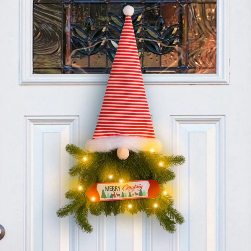 Gnome Hat Wreath with LED Light Christmas Wreath for Front Door Artificial Pine Spruce Hanging Ornament Santa Gnome Home Decor