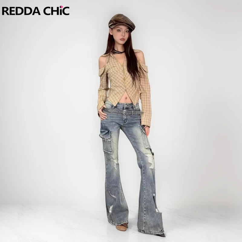 

REDDACHiC Women Rings Decor Pockets Flare Jeans Do Old Stretch Slim Whiskers Ripped High Rise Cargo Pants Vintage Y2k Streetwear
