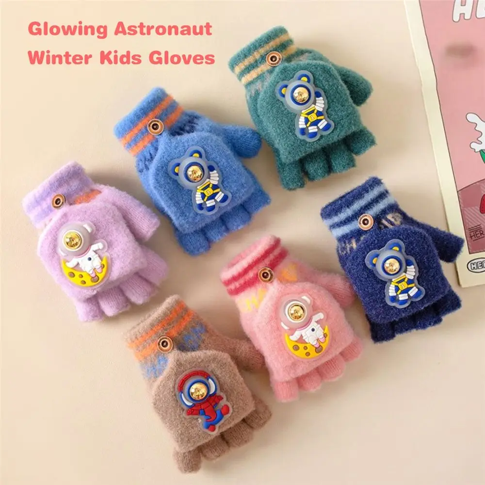 Cartoon leuchtende Astronauten-Winterhandschuhe, halbe Finger, warme Klappenhandschuhe, Radfahren, Kinder-Strickhandschuhe für 3–12 Jahre, Jungen und Mädchen