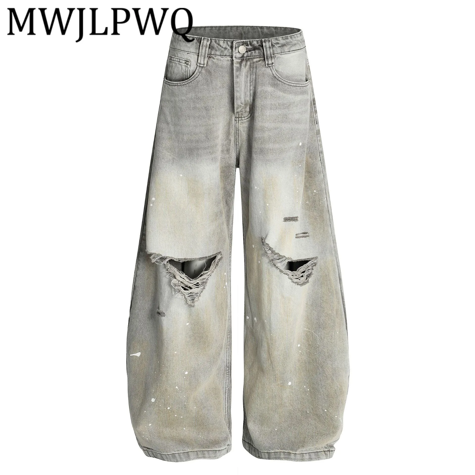 

MWJLPWQ Простые свободные джинсы в американском стиле с новой дыркой, мужские потертые джинсы, уличная одежда, широкие брюки, повседневная осенняя новинка 21661