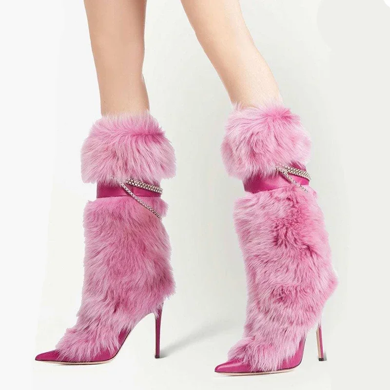 Pink Fur Chain Stiletto Mid-Calf Boots Woman Winter 2025 Black Pointed Toe Super Warm Boot Female Fashion Sexy Shoes for Women