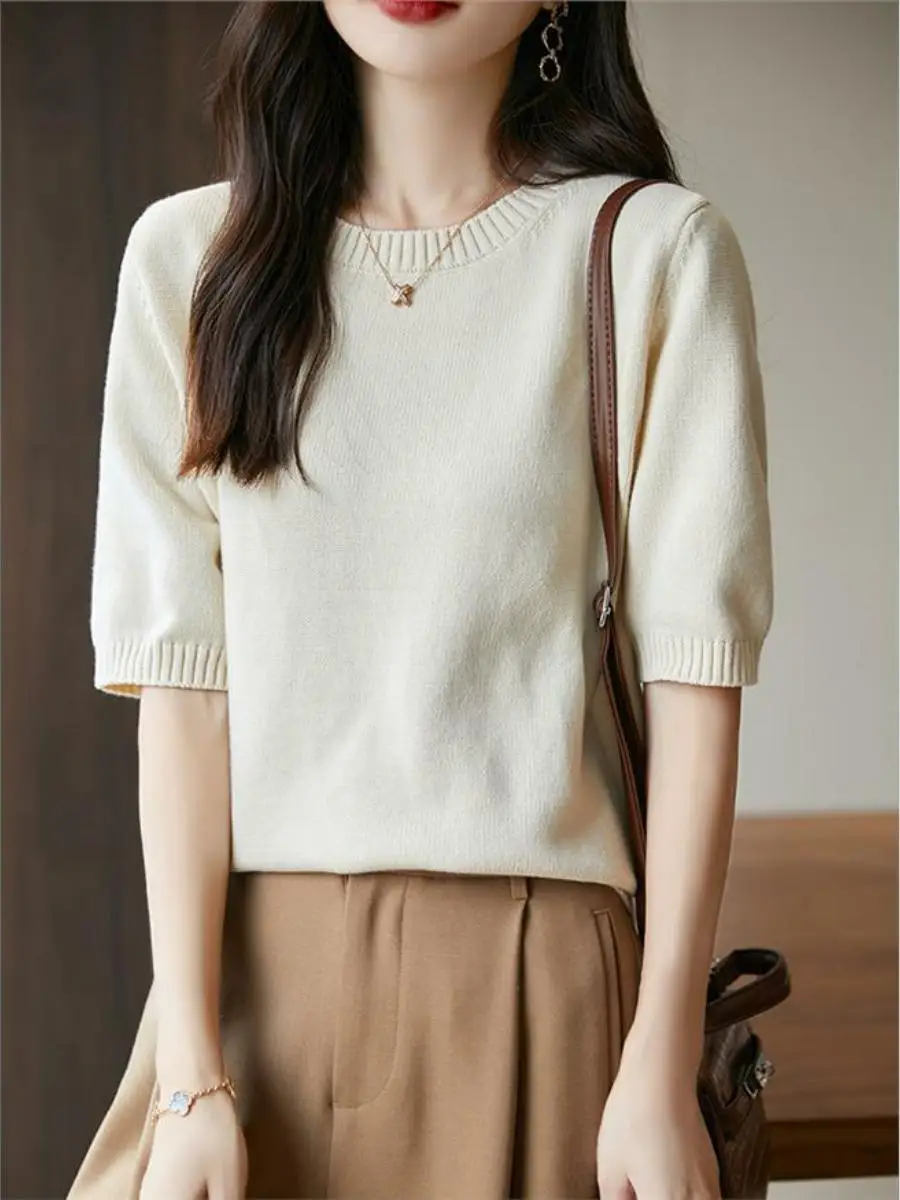 

Loose Fit Cotton Knitted Sweater Women's Simple round Ne ort Sve Base irt Slimming Top T-irt f Sve Knitwear