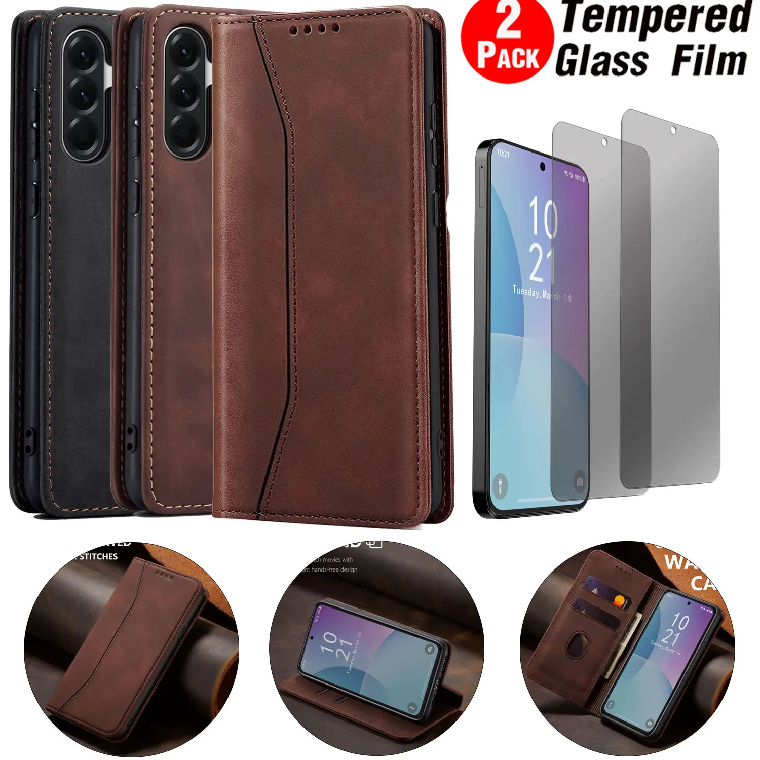 

Для Samsung Galaxy A36 кошелек из искусственной кожи, магнитный чехол с откидной подставкой + 2 шт., защитная пленка из закаленного стекла для конфиденциальности