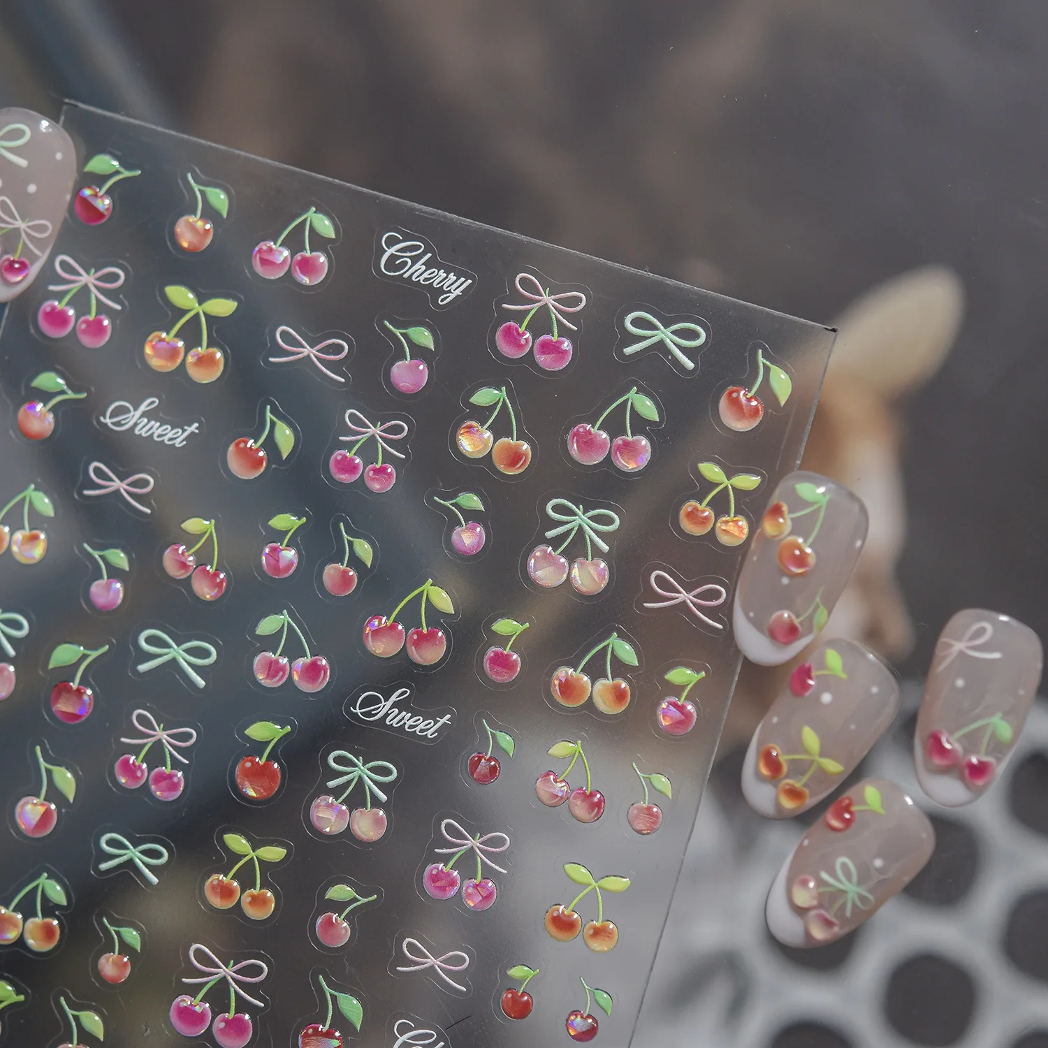 Sweet Fruit Jelly Cherry 5D Nail Art Stickers Cute Cherry Paired Matching Bowknot Self Adhesive Decals Manicure for Women Girl