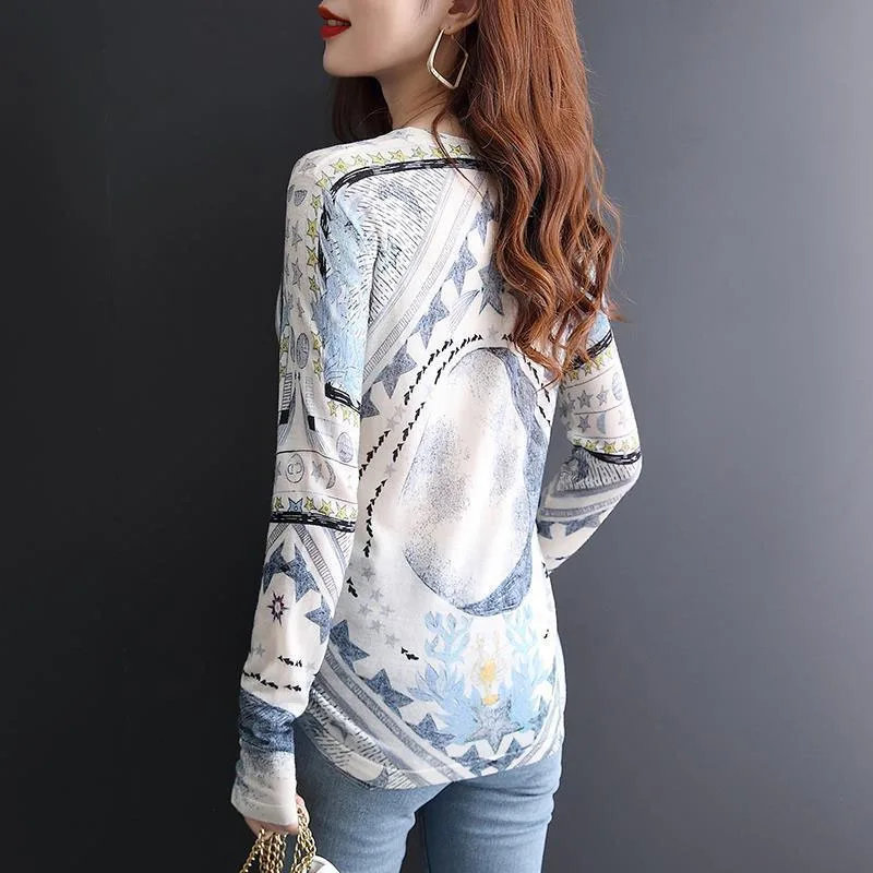 Spring and Autumn Women\'s Pullover Round Neck Long Sleeve Printing Knit Patchwork Office Lady Fashion Young Style Underlay Tops