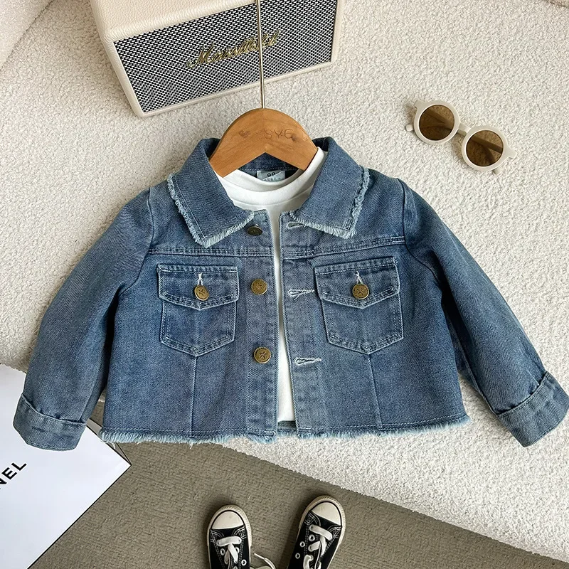 Children\'s clothing 2-8 year old girls denim set 2024new retro lapel long sleeved denim jacket+pleated skirt casual two-pieceset