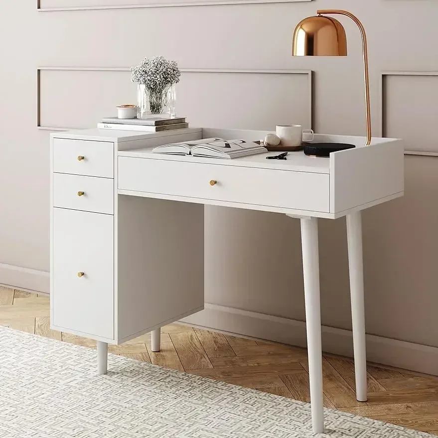 Nathan James Daisy Vanity Dressing Table or Makeup Desk with 4-Drawers and Brass Accent Knobs, White Wood