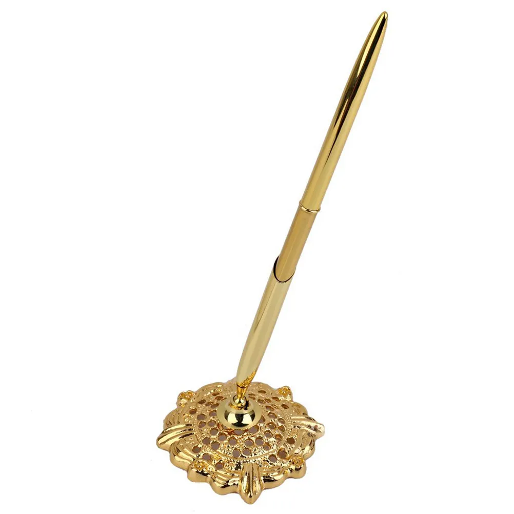 Bridal Signing Pen Golden 16Cm Alloy Rotating Pen Holder Hollow Round Degree Spin for Wedding Guest Book Ceremony