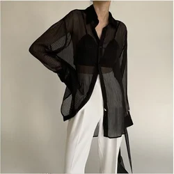 Deeptown Elegant Black Blouses Women Oversized Shirt Sexy Mujer Striped Transparent Tops Casual Female See-through Streetwear