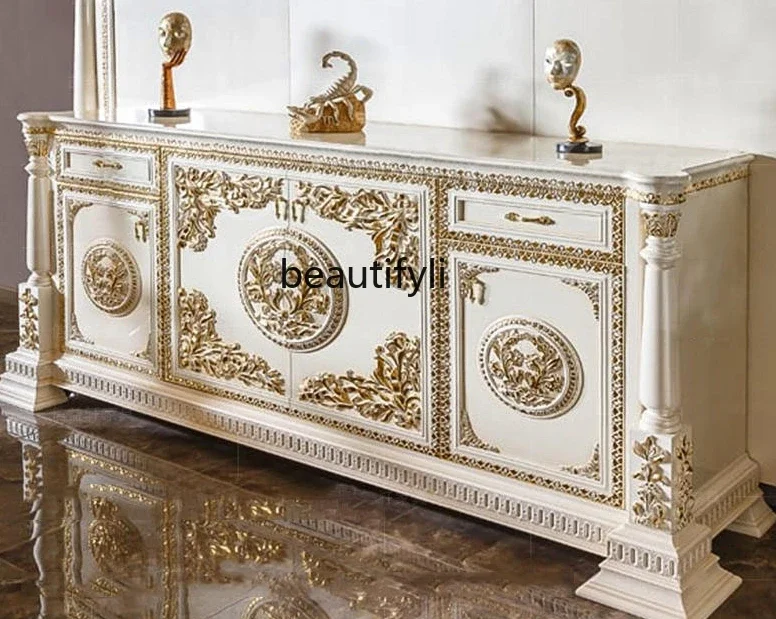 European-Style Solid Wood Home Entrance Cabinet French Solid Wood Carved White Storage Villa Study Side Cabinet Furniture