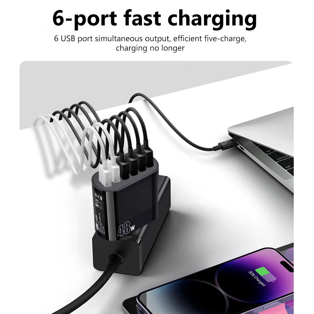 48W USB 6 Port Fast Charging US EU Plug Mobile Phone Adapter Type C Charger for IPhone Xiaomi Samsung Oneplus QC 3.0 Wall Charge