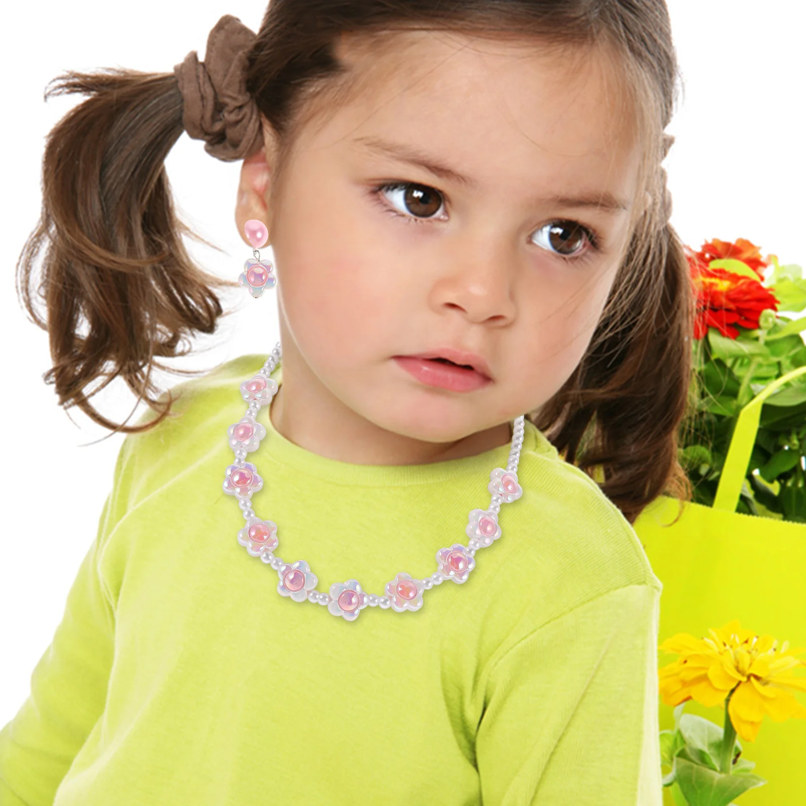 

1 Pearl Flower Jewelry Set For Girls Toddler Necklace Earrings Bracelet Princess Style Costume Accessories Birthday Party Wear