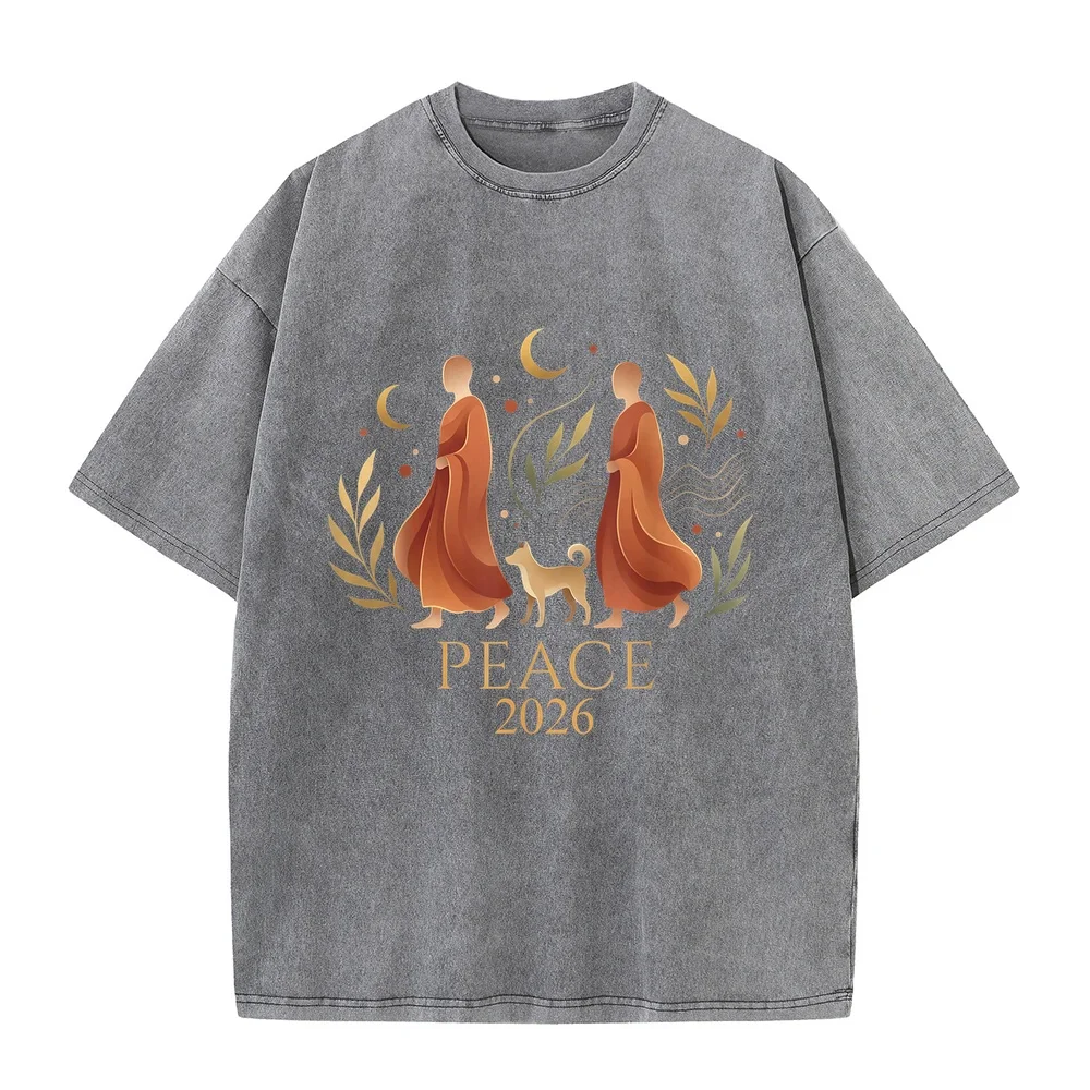 Walk Peace 2026 World Monks with Aloka Dog Spiritual T-Shirt Clothes 한국인 Yellow Printed T Shirt Man's Birthday Tee Short Sleeve