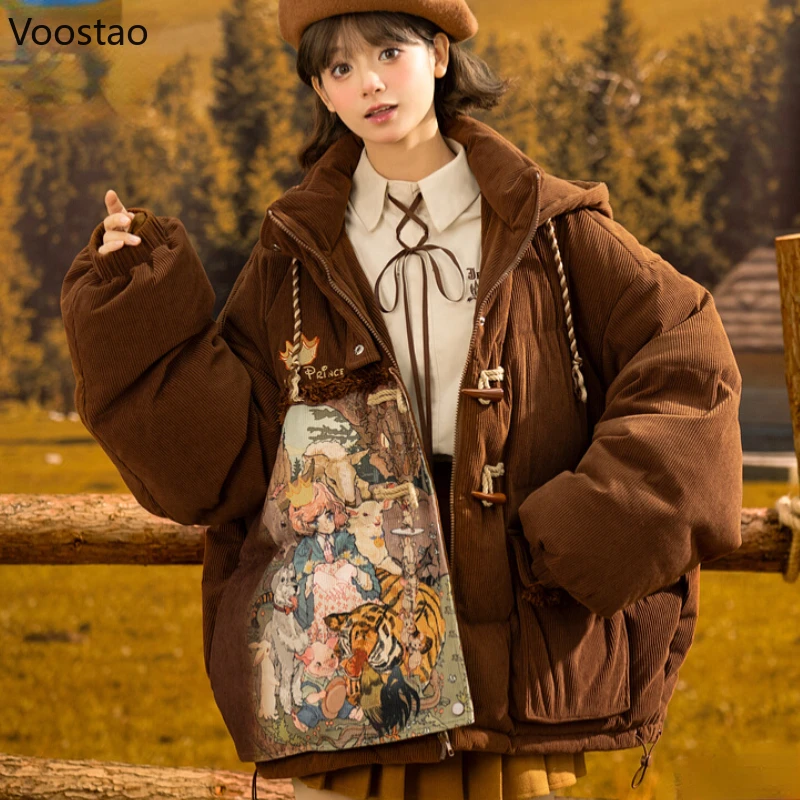 Winter Sweet Lolita Style Warm Cotton Padded Coat Women Vintage Cartoon Oil Painting Corduroy Loose Parkas Jacket Hooded Outwear