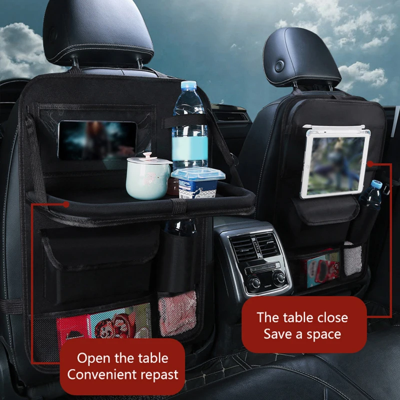 

Multi-Functional Folding Storage Bag Backseat Organizer Car Seat Back Kick Protector Adjustable Table Touch Screen Holder