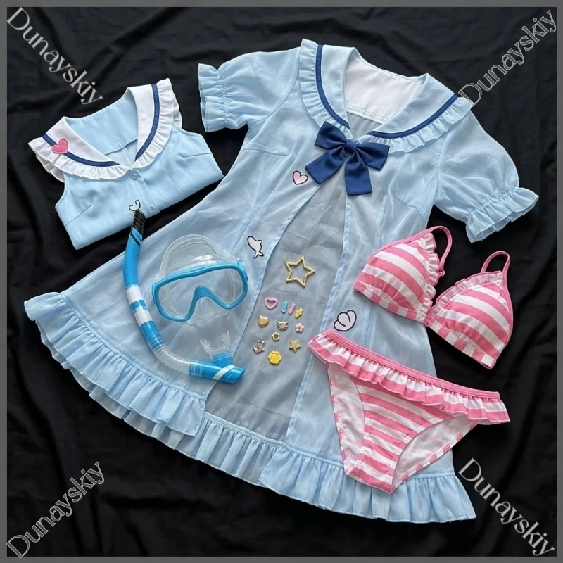 Musese Conjunto de Bikini Transparente Azul Claro, Máscara de Snorkel, Accesorio de Cosplay de Anime, Disfraz de Buceador Dashsh, Traje de Baño para Halloween