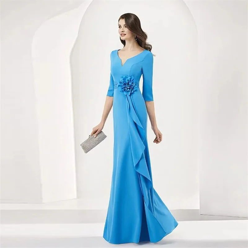 Customized Elegant Mother of The Bride Dresses V Neck Half Sleeves Wedding Guest Dress Floor Length Evening Gowns with Flower