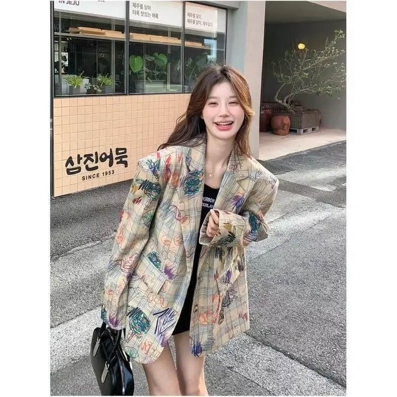 Nova graffiti impressão elegante jaqueta casual feminina blazer manga longa único breasted bolso fino entalhado senhora do escritório Пиджак Ж misceukan