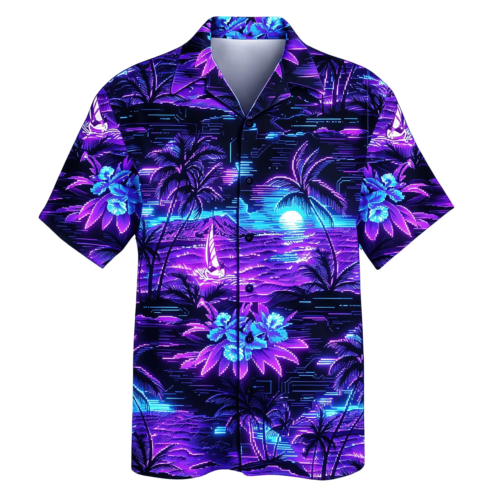 Western Regions Exotic Scenery Printed Shirt, Sunset Tropical Vegetation Element Design, Men's Summer Thin Casual Collar Shirt