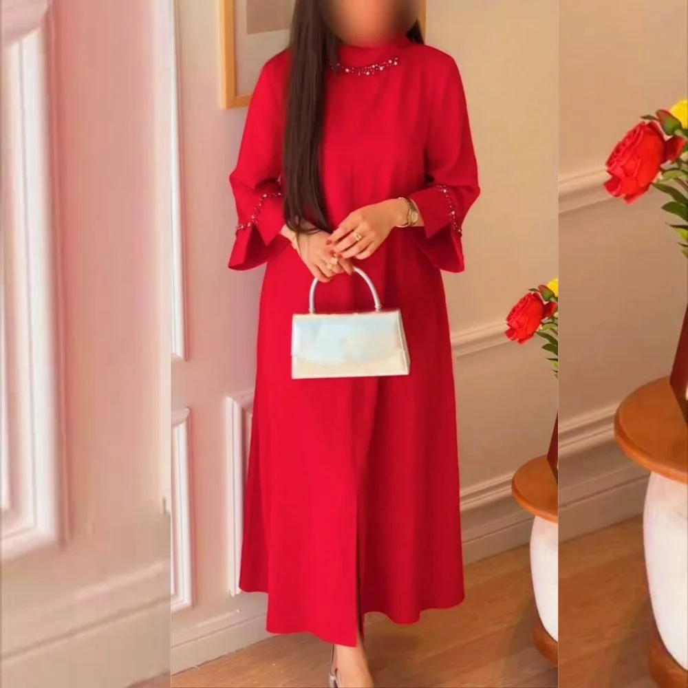 

Customized Jersey Sparkle Beading High Collar A-line Midi Dresses Bespoke Occasion Formal Evening Party Gown Exquisite Luxury
