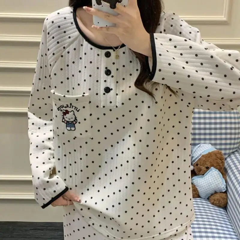 

Толстая и теплая домашняя одежда для уличной одежды KT Cat Embroidery Air Cotton Sanrio Hello Kitty Наборы из двух предметов женских женских брюк