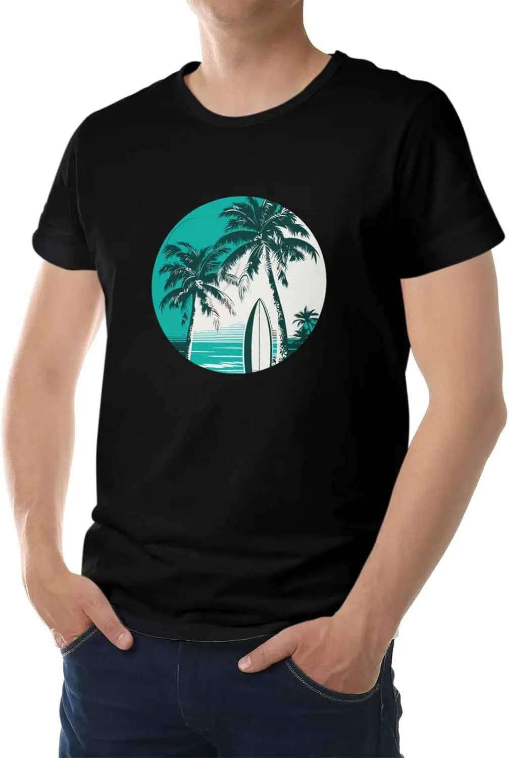 Men's T-Shirt, Novelty Graphic T-Shirt Vintage Coconut Tree Surfboard Cotton Crew Neck Men's Short Sleeve Basic Tshirts Black-L